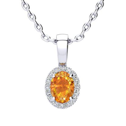 1/2 Carat Oval Shape Citrine and Halo Diamond Necklace In 14 Karat White Gold With 18 Inch Chain