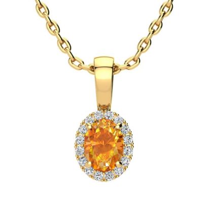 1/2 Carat Oval Shape Citrine and Halo Diamond Necklace In 14 Karat Yellow Gold With 18 Inch Chain
