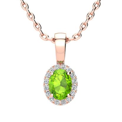 1/2 Carat Oval Shape Peridot and Halo Diamond Necklace In 14 Karat Rose Gold With 18 Inch Chain