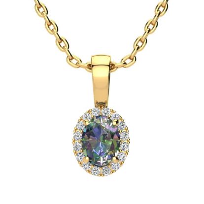 5/8 Carat Oval Shape Mystic Topaz Necklace  With Diamond Halo In 14 Karat Yellow Gold, 18 Inches