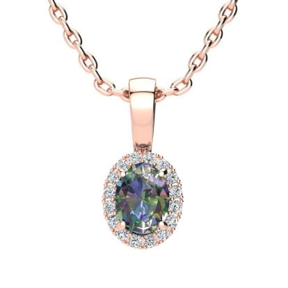 5/8 Carat Oval Shape Mystic Topaz Necklace  With Diamond Halo In 14 Karat Rose Gold, 18 Inches