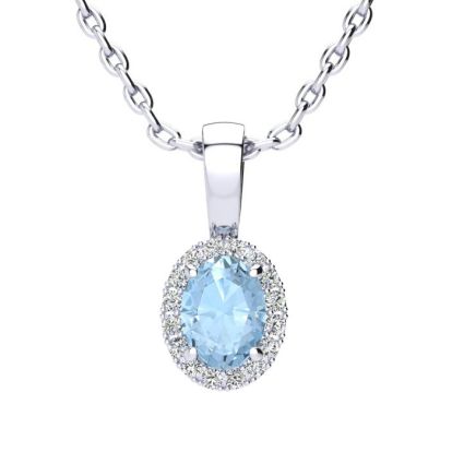 Aquamarine Necklace: Aquamarine Jewelry: 1/2 Carat Oval Shape Aquamarine and Halo Diamond Necklace In 14 Karat White Gold With 18 Inch Chain
