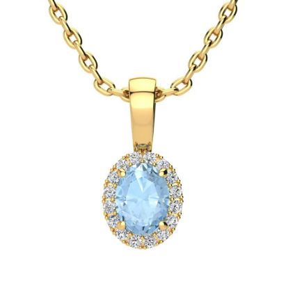 Aquamarine Necklace: Aquamarine Jewelry: 1/2 Carat Oval Shape Aquamarine and Halo Diamond Necklace In 14 Karat Yellow Gold With 18 Inch Chain