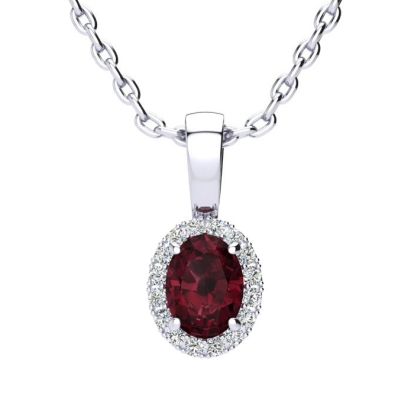 Garnet Necklace: Garnet Jewelry: 0.62 Carat Oval Shape Garnet and Halo Diamond Necklace In 14 Karat White Gold With 18 Inch Chain