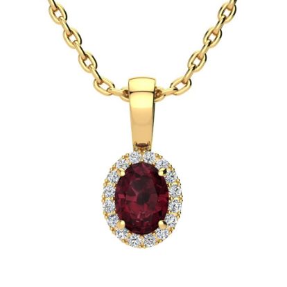 Garnet Necklace: Garnet Jewelry: 0.62 Carat Oval Shape Garnet and Halo Diamond Necklace In 14 Karat Yellow Gold With 18 Inch Chain