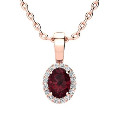 Garnet Necklace: Garnet Jewelry: 0.62 Carat Oval Shape Garnet and Halo Diamond Necklace In 14 Karat Rose Gold With 18 Inch Chain