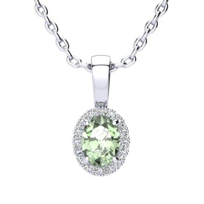 1/2 Carat Oval Shape Green Amethyst and Halo Diamond Necklace In 14 Karat White Gold With 18 Inch Chain