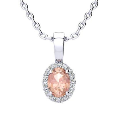 1/2 Carat Oval Shape Morganite Necklace with Diamond Halo In 14 Karat White Gold With 18 Inch Chain