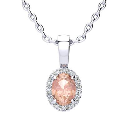 1/2 Carat Oval Shape Morganite Necklace with Diamond Halo In 14 Karat White Gold With 18 Inch Chain