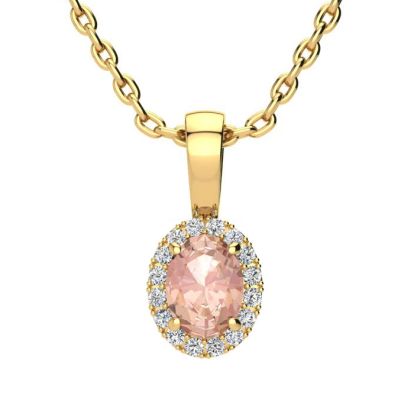 1/2 Carat Oval Shape Morganite Necklace with Diamond Halo In 14 Karat Yellow Gold With 18 Inch Chain