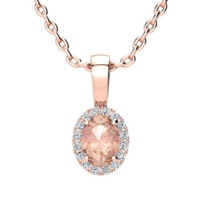 1/2 Carat Oval Shape Morganite Necklace with Diamond Halo In 14 Karat Rose Gold With 18 Inch Chain