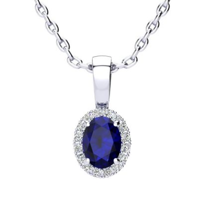 0.67 Carat Oval Shape Sapphire and Halo Diamond Necklace In 14 Karat White Gold With 18 Inch Chain
