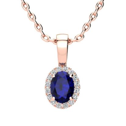 0.67 Carat Oval Shape Sapphire and Halo Diamond Necklace In 14 Karat Rose Gold With 18 Inch Chain