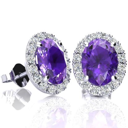 2.40 Carat Oval Shape Amethyst and Halo Diamond Stud Earrings In 14 Karat White Gold