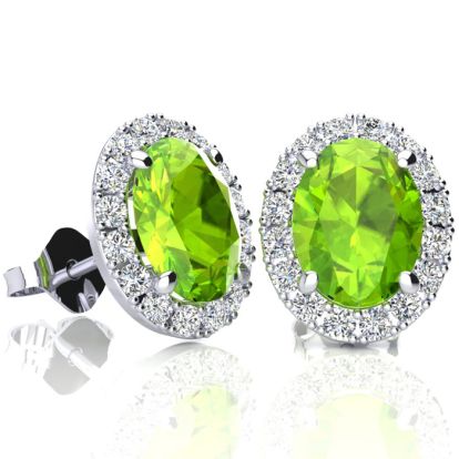 3 Carat Oval Shape Peridot and Halo Diamond Stud Earrings In 14 Karat White Gold