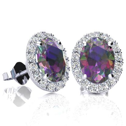 3 1/4 Carat Oval Shape Mystic Topaz and Halo Diamond Stud Earrings In 14 Karat White Gold