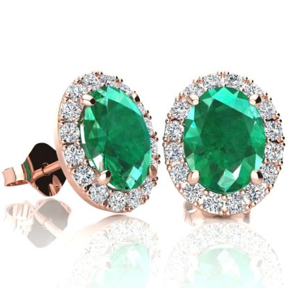 2 1/2 Carat Oval Shape Emerald and Halo Diamond Stud Earrings In 14 Karat Rose Gold