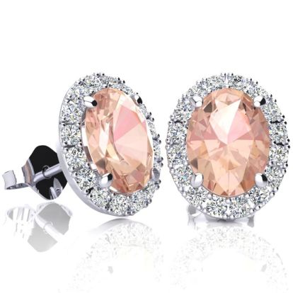 2-1/2 Carat Oval Shape Morganite Earrings and Diamond Halo In 14 Karat White Gold