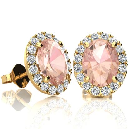2-1/2 Carat Oval Shape Morganite Earrings and Diamond Halo In 14 Karat Yellow Gold