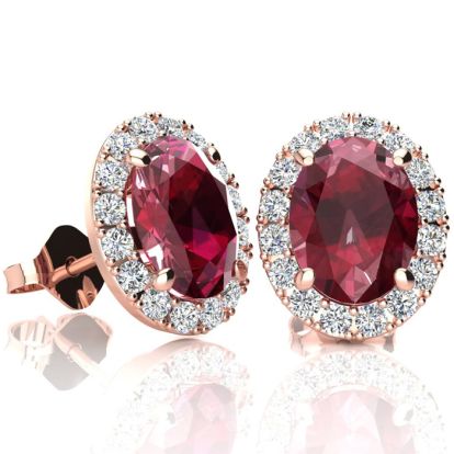 3.40 Carat Oval Shape Ruby and Halo Diamond Stud Earrings In 14 Karat Rose Gold