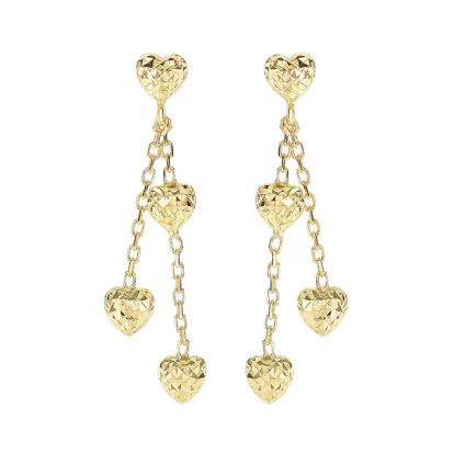 14 Karat Yellow Gold 1.25 inch Heart & Chain Dangle Earrings