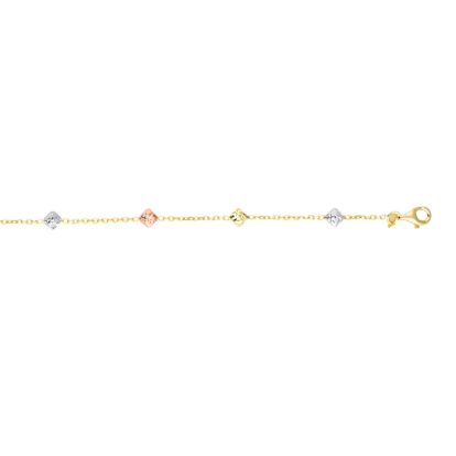 14 Karat Yellow, White, & Rose Gold 7.50 Inch Diamond Shaped Beads & Cable Chain Bracelet