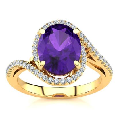 2 1/2 Carat Oval Shape Amethyst and Halo Diamond Ring In 14 Karat Yellow Gold