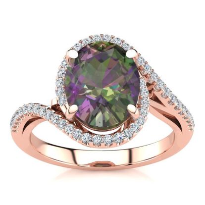 2-1/2 Carat Oval Shape Mystic Topaz Ring With Curving Diamond Halo In 14 Karat Rose Gold