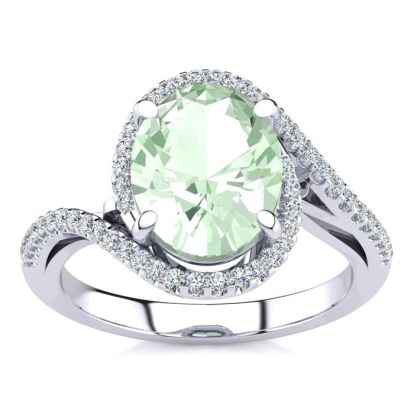 2 1/2 Carat Oval Shape Green Amethyst and Halo Diamond Ring In 14 Karat White Gold