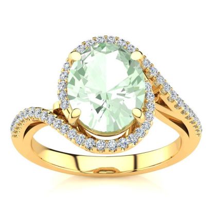 2 1/2 Carat Oval Shape Green Amethyst and Halo Diamond Ring In 14 Karat Yellow Gold