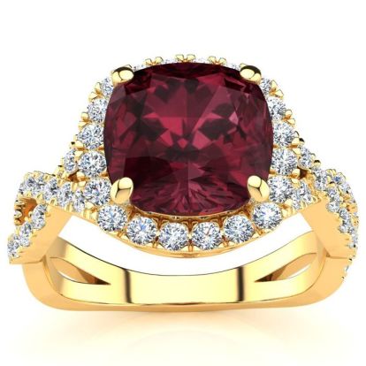 Garnet Ring: Garnet Jewelry: 3 3/4 Carat Cushion Cut Garnet and Halo Diamond Ring With Fancy Band In 14 Karat Yellow Gold