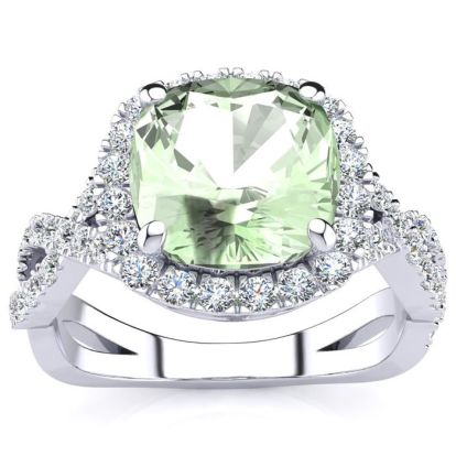 2 1/2 Carat Cushion Cut Green Amethyst and Halo Diamond Ring With Fancy Band In 14 Karat White Gold
