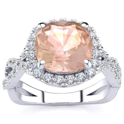 2-1/2 Carat Cushion Cut Morganite and Halo Diamond Ring With Fancy Band In 14 Karat White Gold