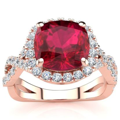 3 1/2 Carat Cushion Cut Ruby and Halo Diamond Ring With Fancy Band In 14 Karat Rose Gold
