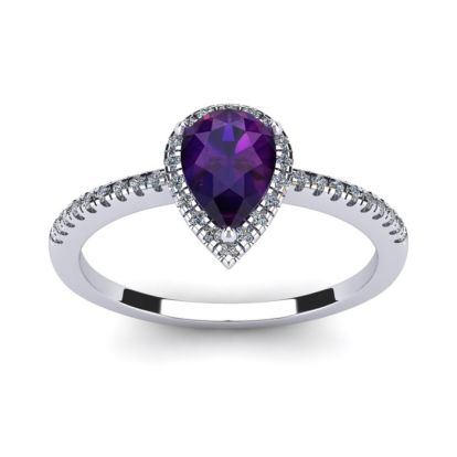 3/4 Carat Pear Shape Amethyst and Halo Diamond Ring In 14 Karat White Gold
