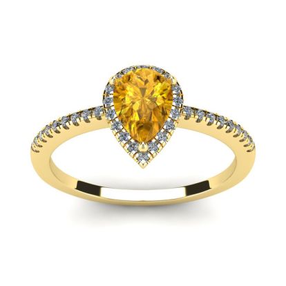 3/4 Carat Pear Shape Citrine and Halo Diamond Ring In 14 Karat Yellow Gold