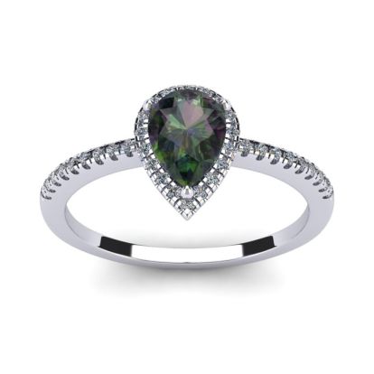 1 Carat Pear Shape Mystic Topaz Ring With Diamond Halo In 14 Karat White Gold