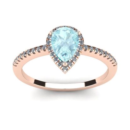 Aquamarine Ring: Aquamarine Jewelry: 3/4 Carat Pear Shape Aquamarine and Halo Diamond Ring In 14 Karat Rose Gold