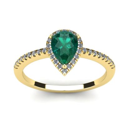 3/4 Carat Pear Shape Emerald and Halo Diamond Ring In 14 Karat Yellow Gold