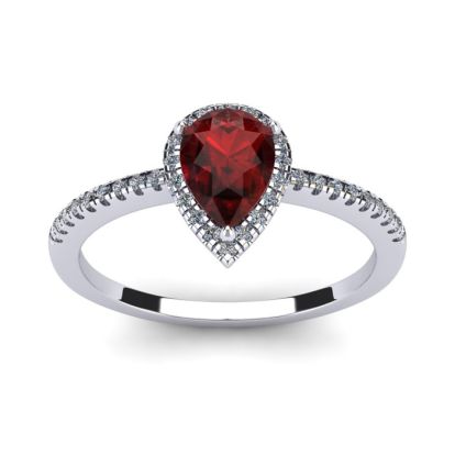 Garnet Ring: Garnet Jewelry: 1 Carat Pear Shape Garnet and Halo Diamond Ring In 14 Karat White Gold
