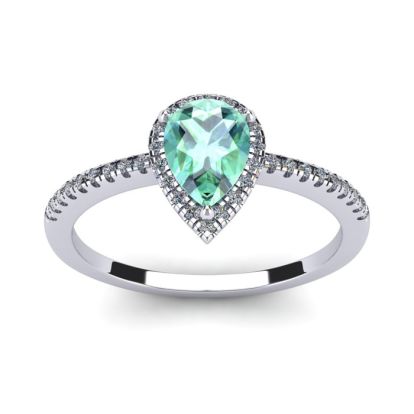 3/4 Carat Pear Shape Green Amethyst and Halo Diamond Ring In 14 Karat White Gold