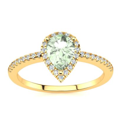 3/4 Carat Pear Shape Green Amethyst and Halo Diamond Ring In 14 Karat Yellow Gold