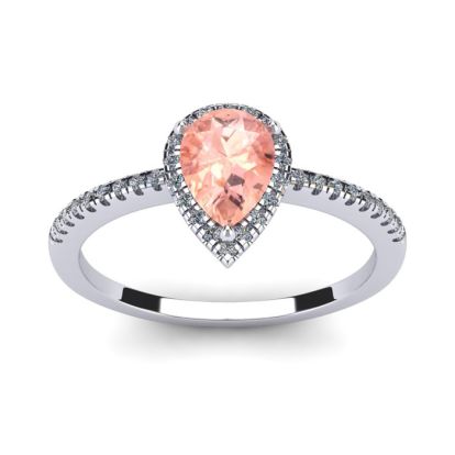 3/4 Carat Pear Shape Morganite and Halo Diamond Ring In 14 Karat White Gold
