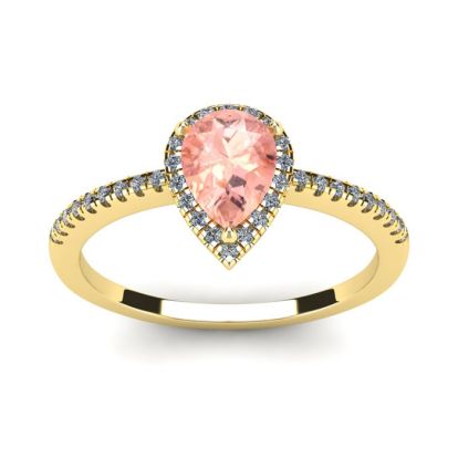 3/4 Carat Pear Shape Morganite and Halo Diamond Ring In 14 Karat Yellow Gold