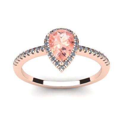 3/4 Carat Pear Shape Morganite and Halo Diamond Ring In 14 Karat Rose Gold