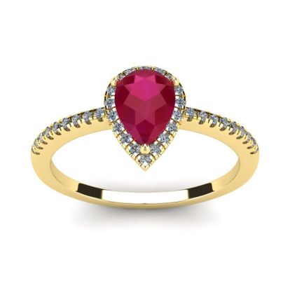 1 Carat Pear Shape Ruby and Halo Diamond Ring In 14 Karat Yellow Gold