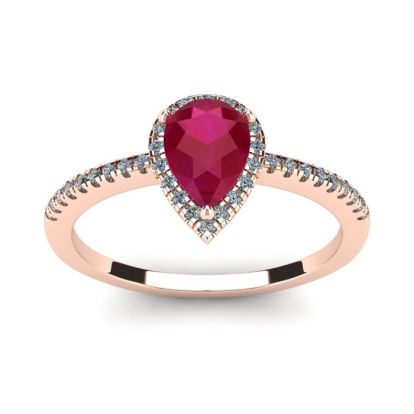 1 Carat Pear Shape Ruby and Halo Diamond Ring In 14 Karat Rose Gold