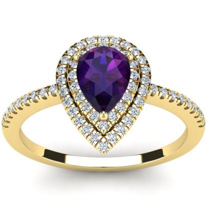 1 Carat Pear Shape Amethyst and Double Halo Diamond Ring In 14 Karat Yellow Gold