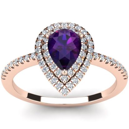 1 Carat Pear Shape Amethyst and Double Halo Diamond Ring In 14 Karat Rose Gold