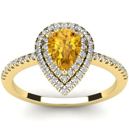 1 Carat Pear Shape Citrine and Double Halo Diamond Ring In 14 Karat Yellow Gold